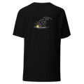 A black short-sleeve t-shirt shown from the back, featuring a small graphic print of a rising sun over water with white text and a yellow sun detail.