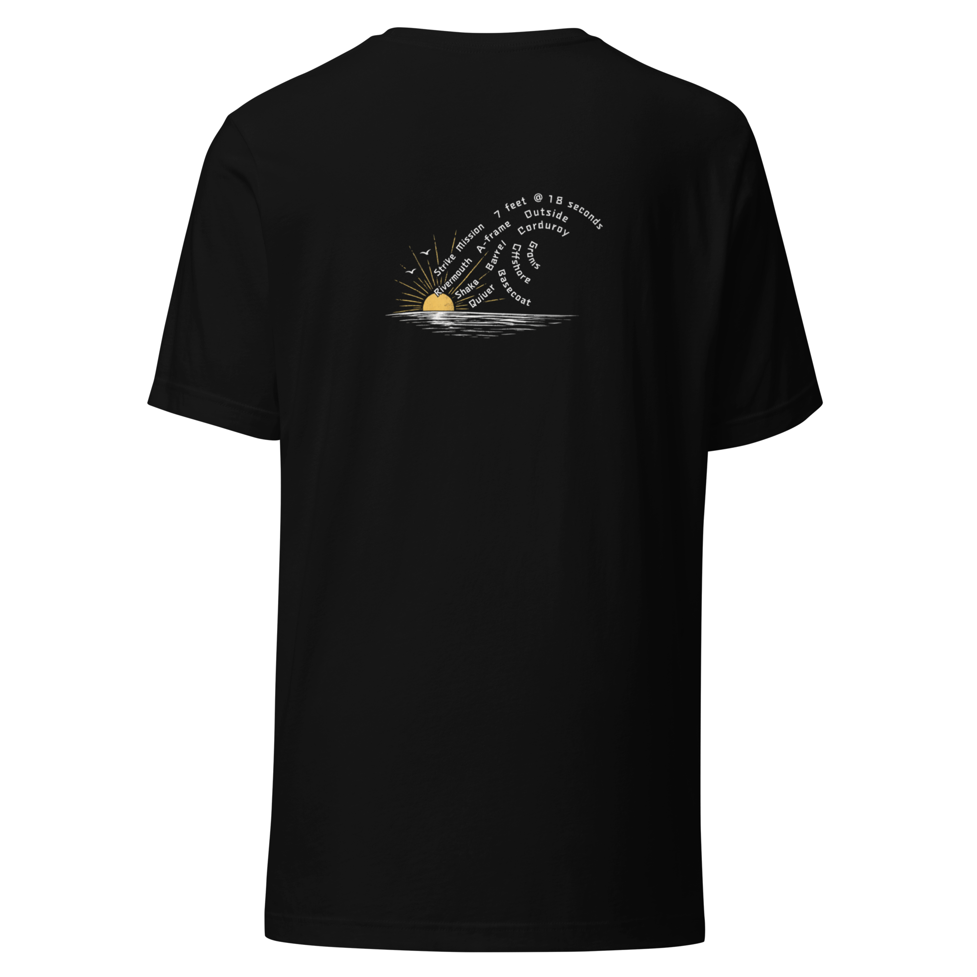 A black short-sleeve t-shirt shown from the back, featuring a small graphic print of a rising sun over water with white text and a yellow sun detail.