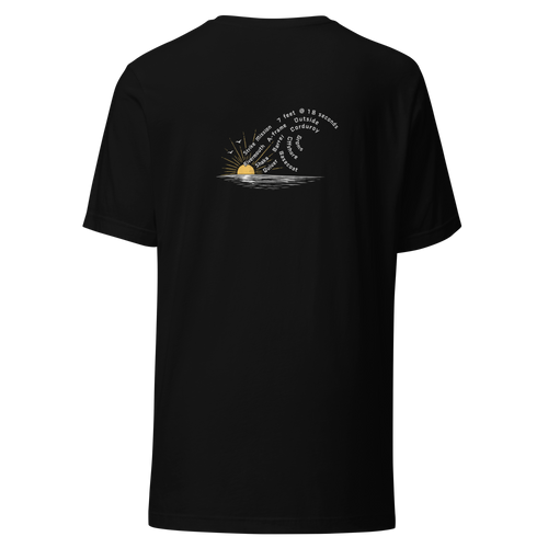 A black short-sleeve t-shirt shown from the back, featuring a small graphic print of a rising sun over water with white text and a yellow sun detail.