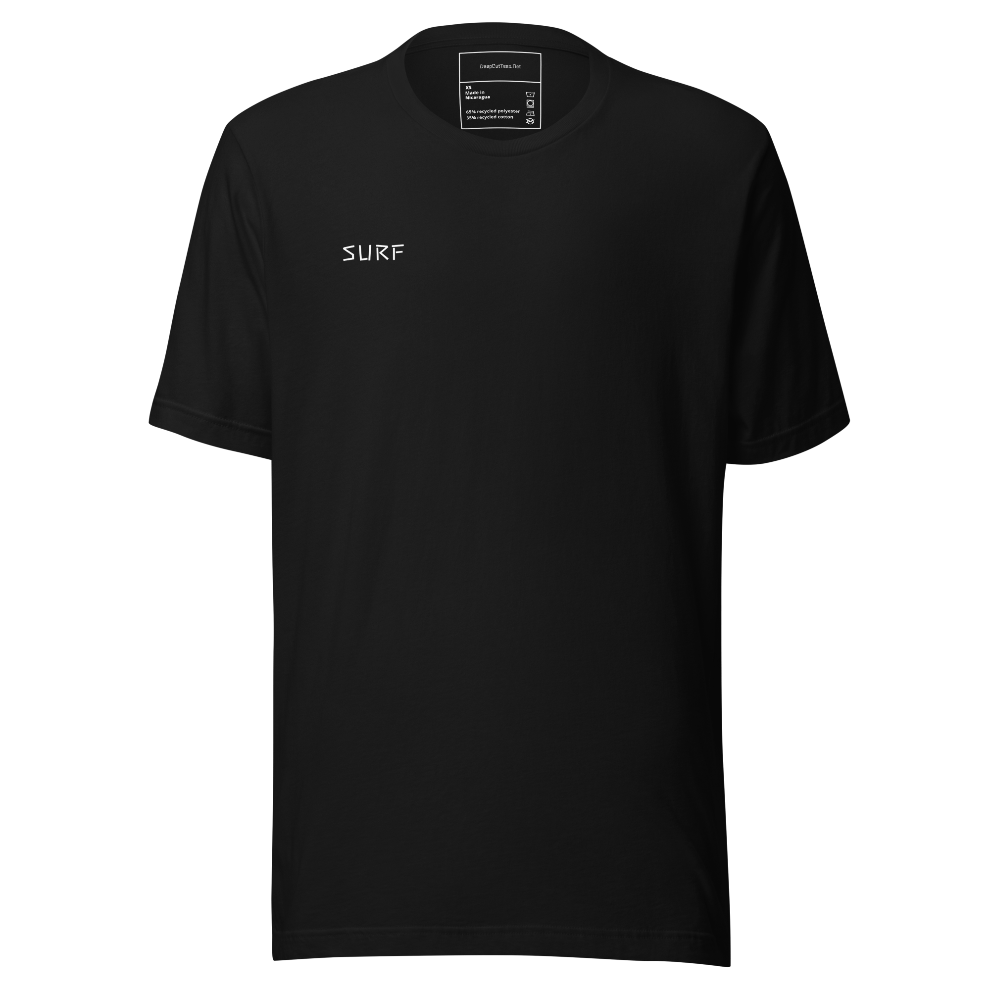 Black t-shirt with a small logo on the chest against a white background