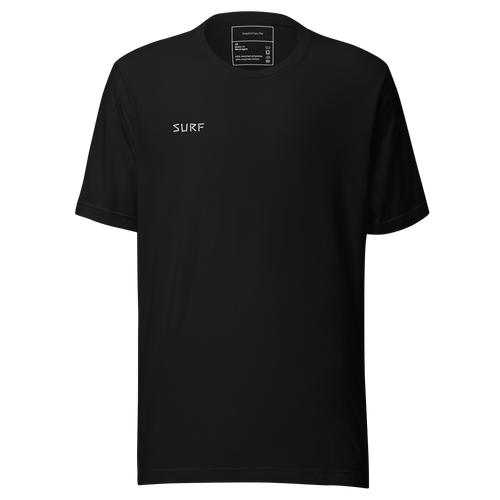 Black t-shirt with a small logo on the chest against a white background