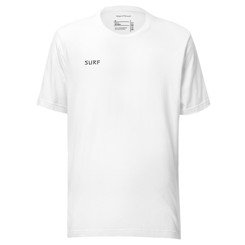 Surfing T-shirt for Surf Enthusiasts. White Color Black Text with sunrise, with written words and known terms used by surfing community