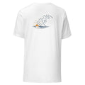 Surfing T-shirt for Surf Enthusiasts. White Color Blue Text with written words and known terms used by surfing community, along with image of sunset.