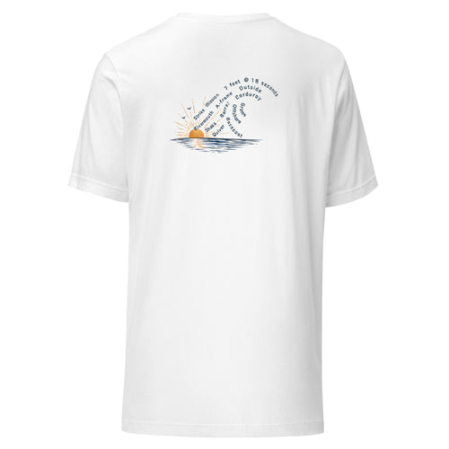 Surfing T-shirt for Surf Enthusiasts. White Color Blue Text with written words and known terms used by surfing community, along with image of sunset.