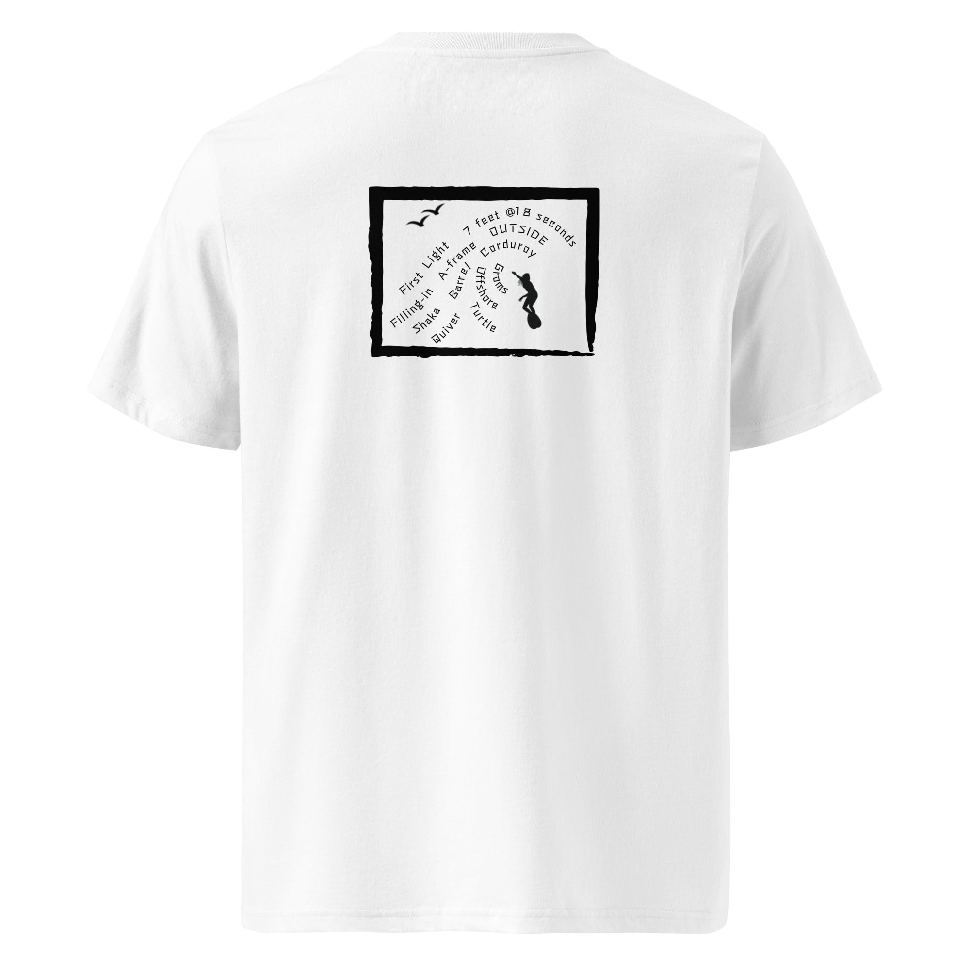 A white short-sleeve t-shirt shown from the back, featuring a black rectangular graphic print on the upper back with text and a small silhouette.